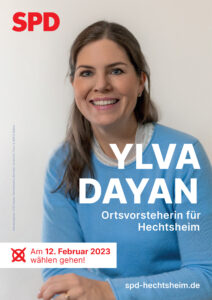 Plakat von Ylva Dayan mit einem Portraitfoto und dem Wahltermin 12. Februar 2023